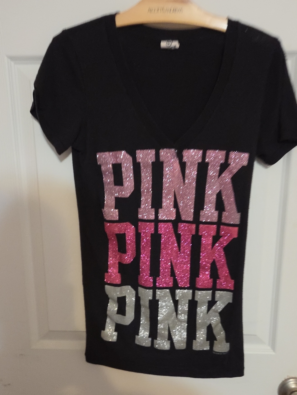 PINK Victoria's Secret Black V-Neck Tee Pink and Silver Glitter Logo Vintage